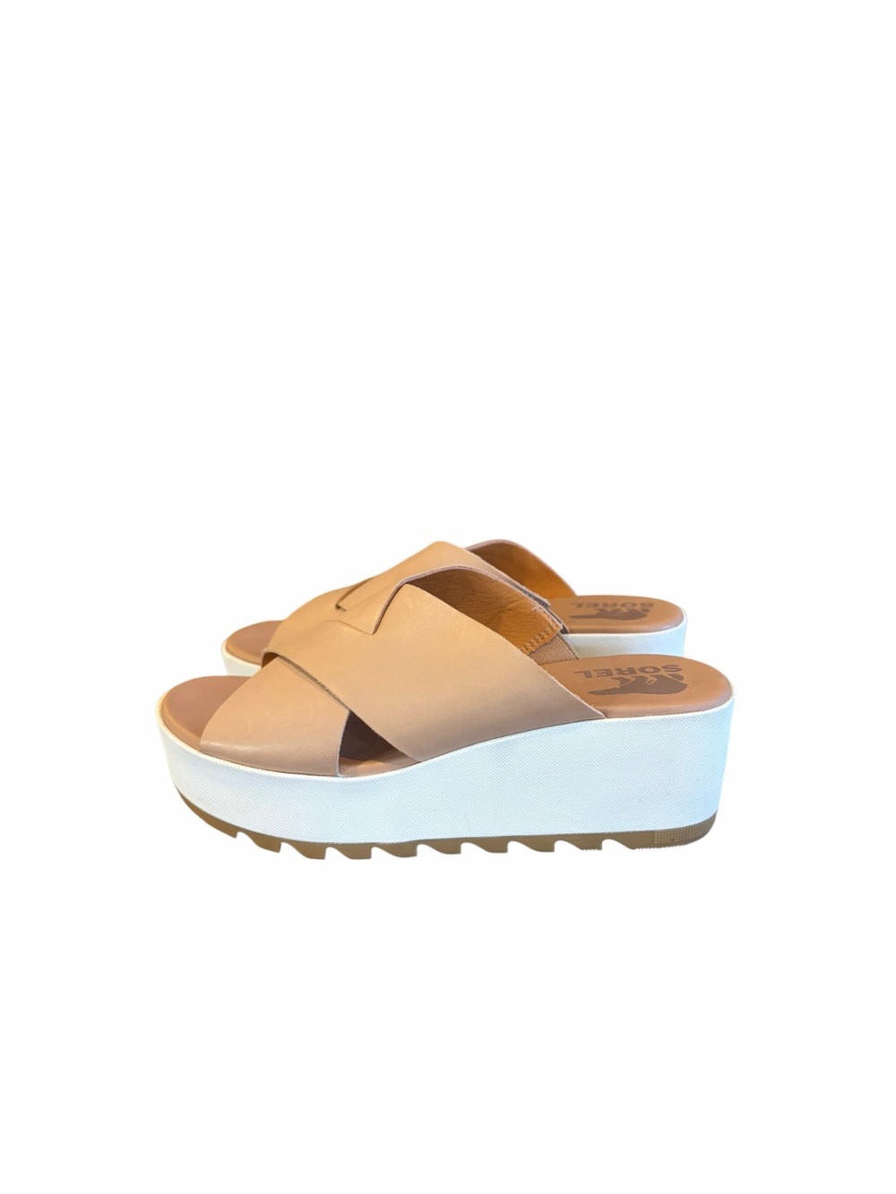 SOREL Cameron Flatform Mule Sandals Tan Leather Size 7.5